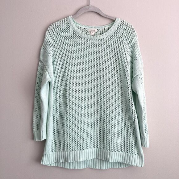 J. Crew Mint Green Womens Round Neck Sweater Open Knit 100% Cotton Size Large - Picture 1 of 5